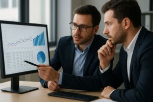 Dois investidores analisando indicadores