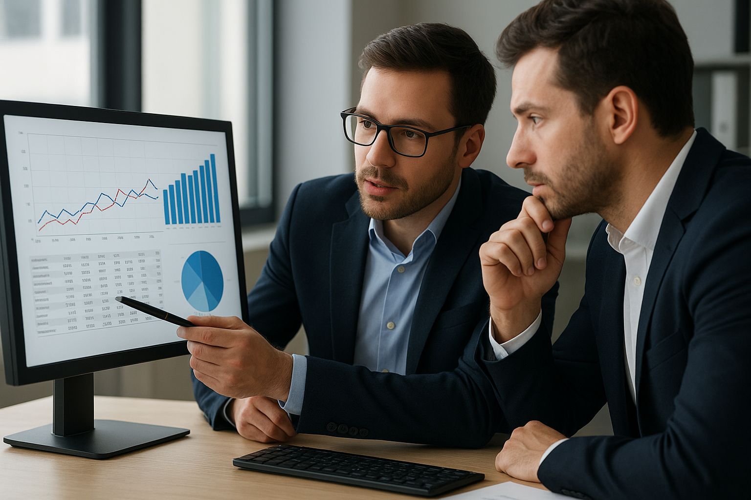 Dois investidores analisando indicadores