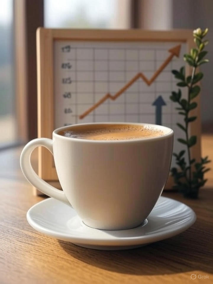 Xicara de café e um quadro com um gráfico positivo sobre a mesa.