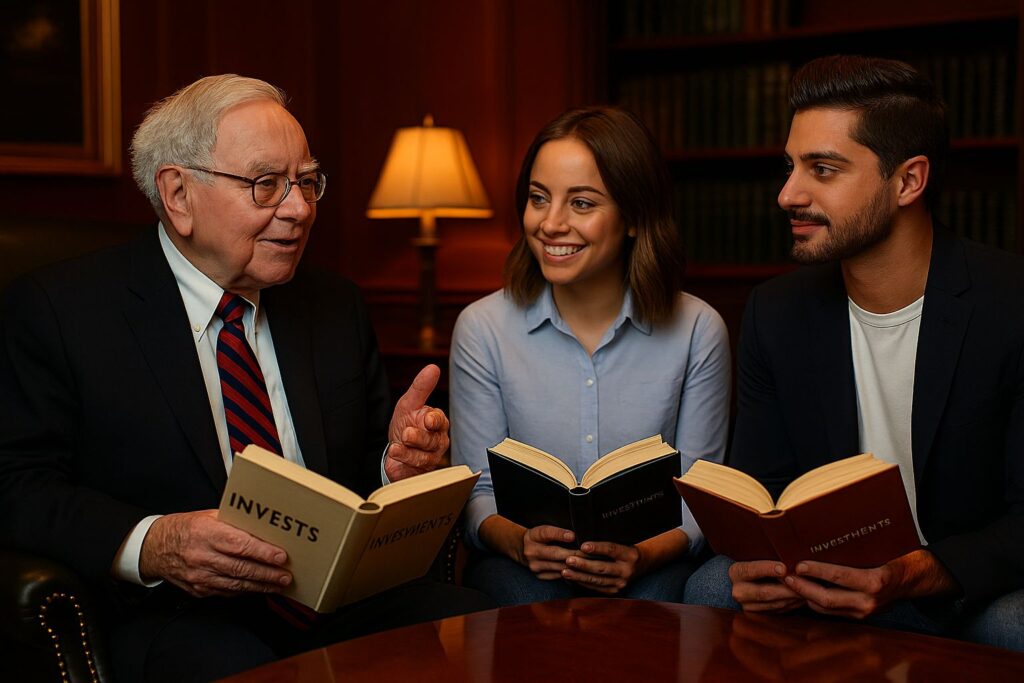Investidor experiente e dois jovens lendo livros